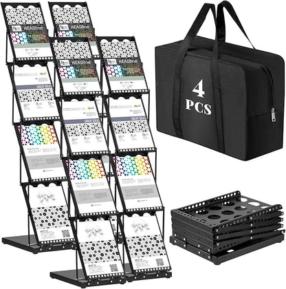 Tatuo 4 Pieces Foldable Magazine Rack Metal Catalog Literature Rack Portable 4 Pockets with Carrying Bag Brochure Stand Literature Display Holder Stand for Exhibition Trade Show