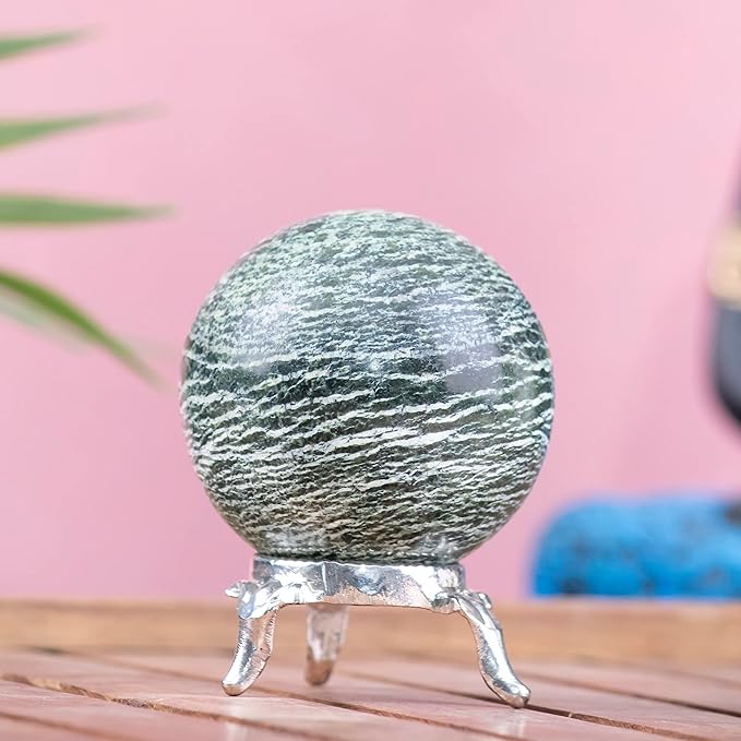 Crocon 45mm Swiss Opal Stone Sphere Ball with Metal Stand 1400+ Carats Gemstone Ball Healing Sphere Sculpture Figurine for Fengshui Divination Home Decoration Photography Crystal Sphere