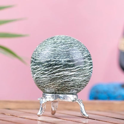 Crocon 45mm Swiss Opal Stone Sphere Ball with Metal Stand 1400+ Carats Gemstone Ball Healing Sphere Sculpture Figurine for Fengshui Divination Home Decoration Photography Crystal Sphere