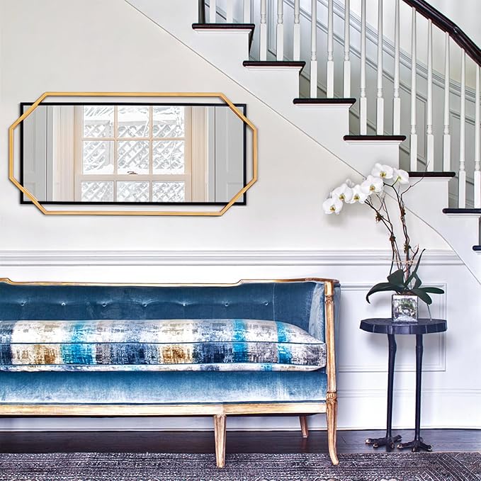 Large Black and Gold Bathroom Mirror, 46.5" x 23" Mirror Wall Decor, Modern Metal Octagonal, Living Room, Bedroom, Dining Room, Entryway