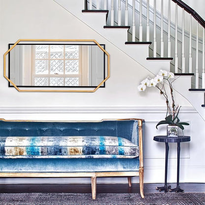 Large Black and Gold Bathroom Mirror, 46.5" x 23" Mirror Wall Decor, Modern Metal Octagonal, Living Room, Bedroom, Dining Room, Entryway