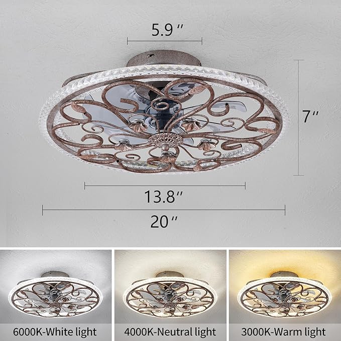Black RusticCaged Ceiling Fan with Light, Industrial Flower Ceiling Fan with Lights and Remote, LED Low Profile Ceiling Light for Bedroom Kitchen Living Room
