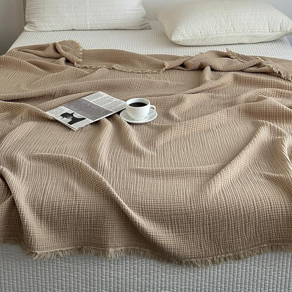 MorroMorn 100% Cotton Muslin Throw Blanket with Fringes 50"x60", 4-Layer Gauze Blankets for Adults, Boho Bedding Breathable Lightweight Ultra-Soft Farmhouse Decor for Couch Bed All Seasons, Khaki