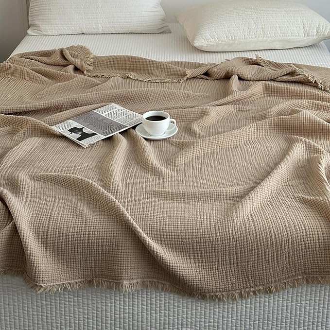 MorroMorn 100% Cotton Muslin Blanket with Fringes Twin Size 60"x80", 4-Layer Gauze Blankets for Adults, Boho Bedding Breathable Lightweight Ultra-Soft Farmhouse Decor for Couch Bed All Seasons, Khaki