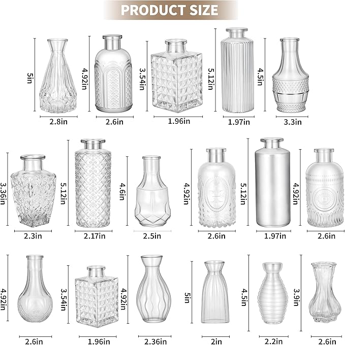 Glass Bud Vases in Bulk Set of 17, Transparent Clear Small Mini Vases for Flowers, Vintage Vase for Centepiece,Wedding, Table Decor, Baby Shower, Christmas, Home and Events