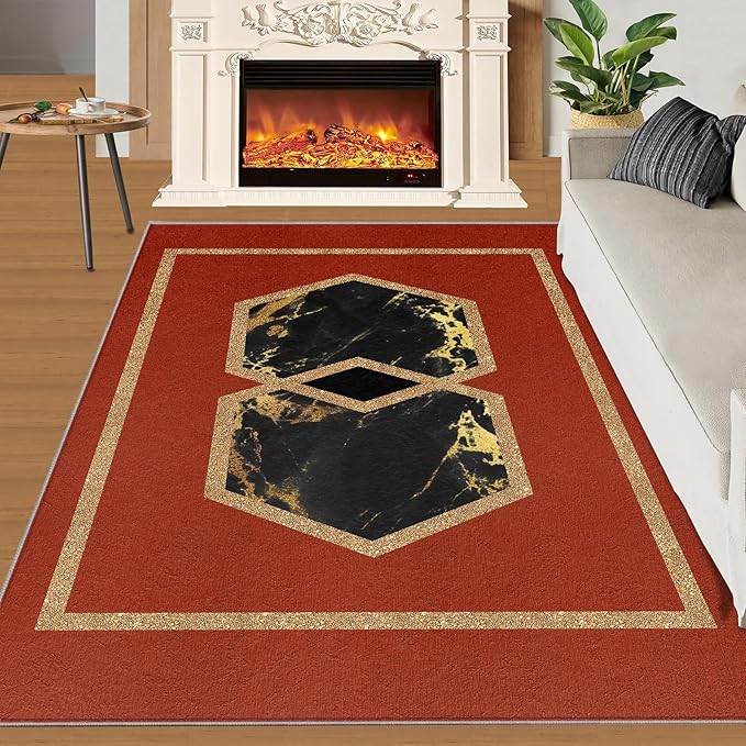 Abstract Marble Area Rugs Golden Hexagon Geometric Rug Vintage Red Marble Carpet European Medieval Geometry Carpet Mat for Bedroom Living Room 7x9ft