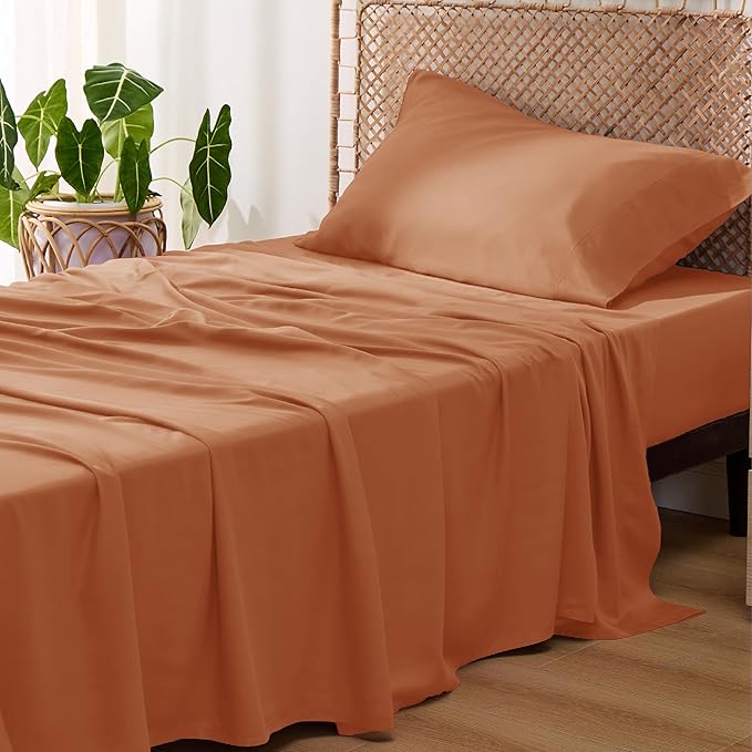 Bedsure Cooling Sheets Twin, Rayon Derived from Bamboo, Breathable & Soft Twin Sheets Set, Deep Pocket Up to 16 Inches, Hotel Luxury Silky Bedding for Hot Sleepers, Burnt Orange