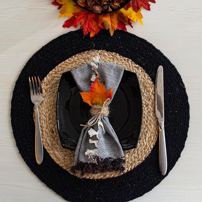 Chardin home Round Verona Woven Jute & Cotton Braided PLACEMAT (Set of 4), Size -15” Round, Color - Natural Jute with Black Border.