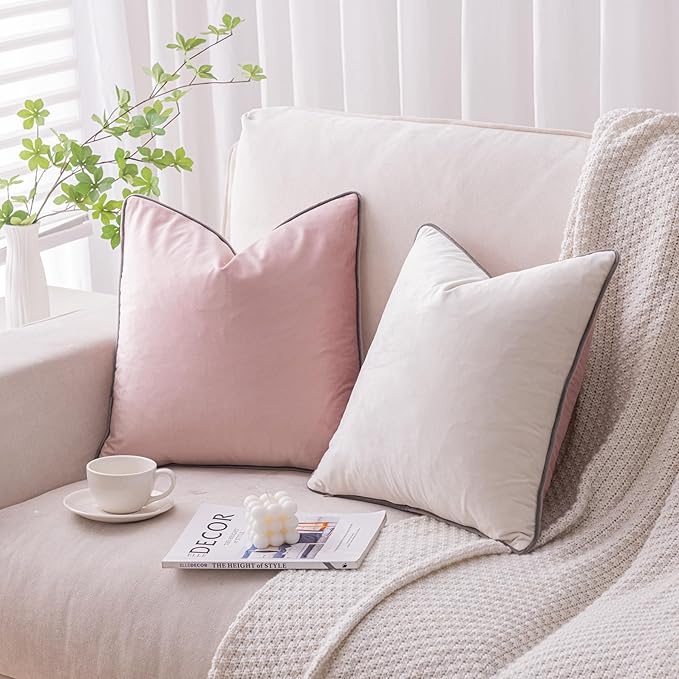 LIGICKY Pink and Cream White Velvet Throw Pillow Covers 18x18 inch, Set of 2 Modern Double-Sided Design, Soft Square Decorative Cushion Cases with Grey Rope Edging for Home Decor