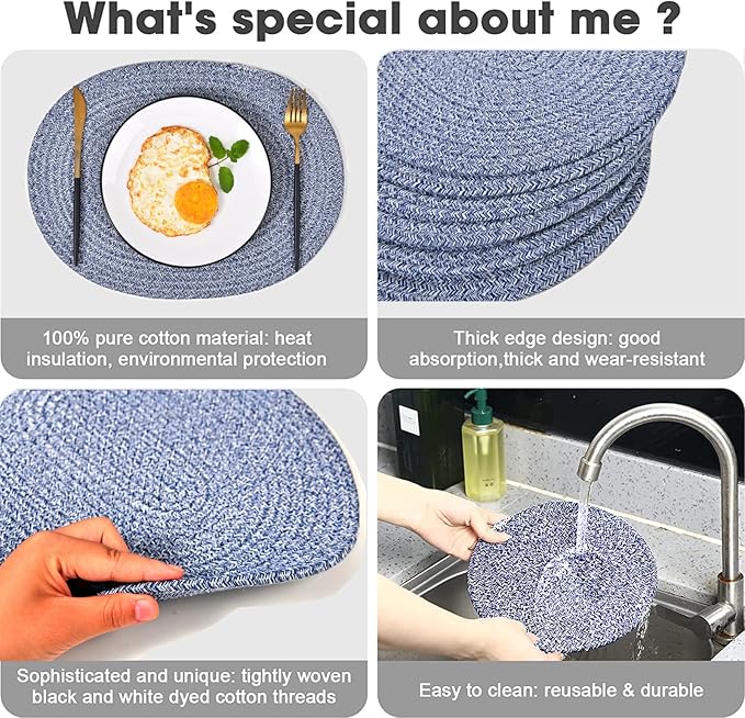 6Pcs Woven Placemats, Mix Blue Cotton Rope Woven Vintage Place Mats, 13.8'' Round Plate Chargers Wicker Tablemats Farmhouse Boho Braided Heat Resistant Outdoor Placemat for Patio Table Decor