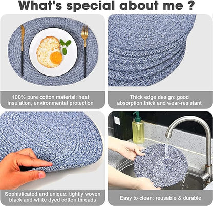 6Pcs Woven Placemats, Mix Blue Cotton Rope Woven Vintage Place Mats, 13.8'' Round Plate Chargers Wicker Tablemats Farmhouse Boho Braided Heat Resistant Outdoor Placemat for Patio Table Decor
