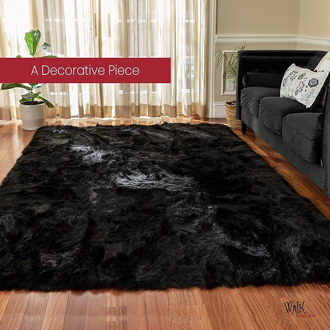 Silky Soft Faux Fur Rug, 8 ft. x 10 ft. Black Fluffy Rug, Sheepskin Area Rug, Rectangle Rug for Living Room, Bedroom, Kid's Room, or Nursery, Home Décor Accent, Machine Washable with Non-Slip Backing