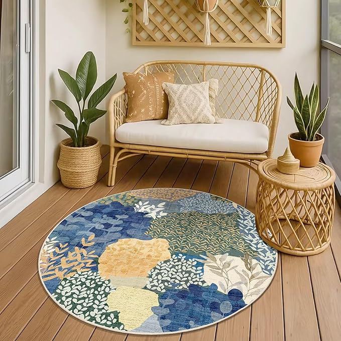 DEXDE Round Rug 5ft Washable Circle Area Rugs Non Slip Low Pile Boho Floral Large Circular Carpet for Bedroom Bathroom Entryway Kids Room Office Dining Room,Blue