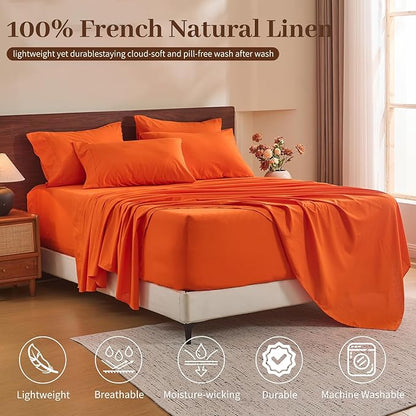 MEISHANG 100% French Pure Linen Sheets Queen Size - Extra Deep Pocket Sheet Set, Soft Durable Flax Linen, Anti-Tear Breathable & Oeko-Tex Certified 18-24 Deep Pocket,All Season(Orange)