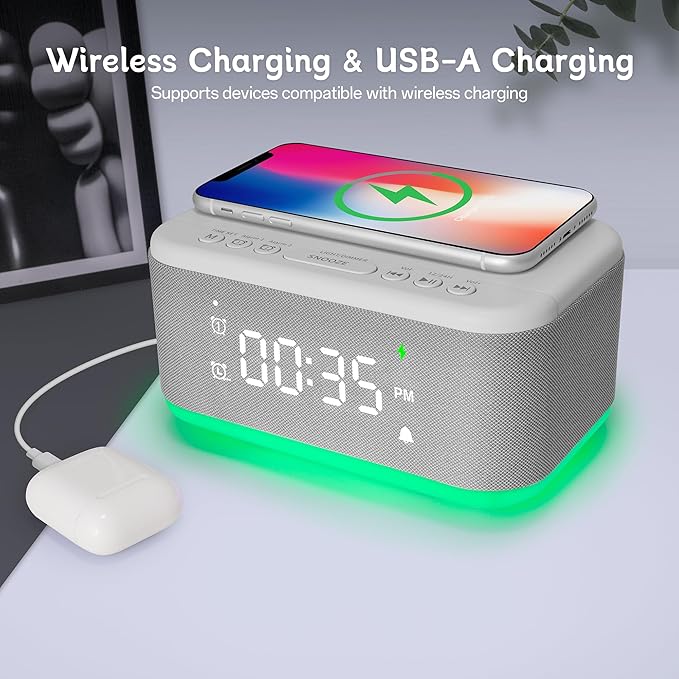 Bluetooth Alarm Clock Radio Bedroom, Digital Dual Alarm Clock Bedroom, Up to 10 Alarms Clock Night Light Speaker App/Button Control FM Charge Snooze Adjustable Volume Dim 12/24H, Grey