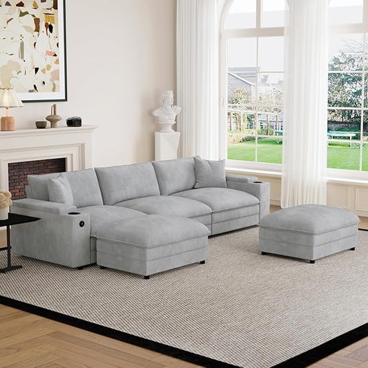 115" U Shaped Cloud Sofa Couch with Ottoman, Storage Armrest, Cup Holders, USB & Type-C Ports, Spring Cushions, Solid Wood Frame, Chenille Modular Sectional for Living Room (Light gray-U-115.2")