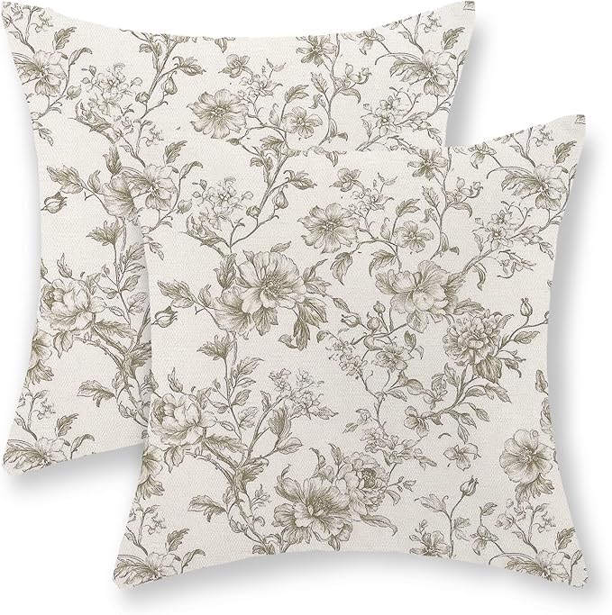 Tan Khaki Pillow Covers 18x18 Set of 2 Vintage Floral Chinoiserie Throw Pillows Rustic Toile Flower Decorative Pillowcase Outdoor Chinoiserie Decor Farmhouse Linen Cushion Case for Couch Sofa