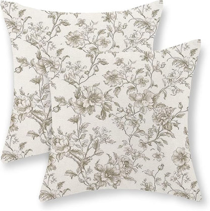 Tan Khaki Pillow Covers 18x18 Set of 2 Vintage Floral Chinoiserie Throw Pillows Rustic Toile Flower Decorative Pillowcase Outdoor Chinoiserie Decor Farmhouse Linen Cushion Case for Couch Sofa