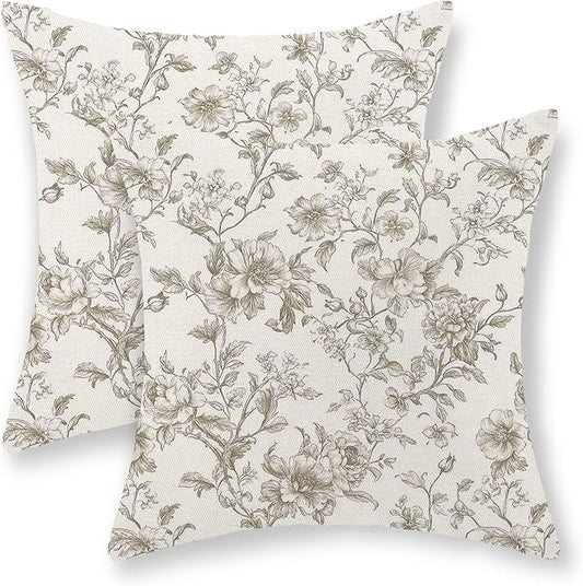 Tan Khaki Pillow Covers 18x18 Set of 2 Vintage Floral Chinoiserie Throw Pillows Rustic Toile Flower Decorative Pillowcase Outdoor Chinoiserie Decor Farmhouse Linen Cushion Case for Couch Sofa