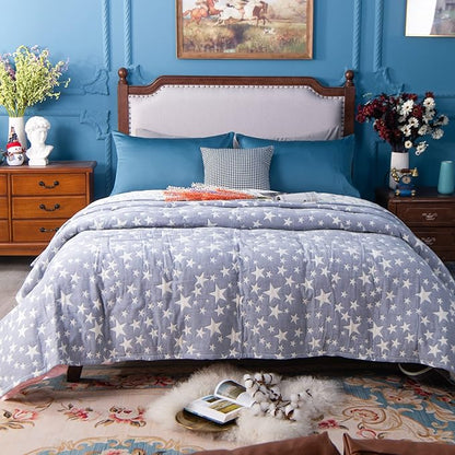 NTBAY 3 Layers Cotton Muslin 68x92 Twin Bed Blanket, Super Soft Breathable Thermal Yarn Dyed Quilt for Adults, Perfect Lightweight Blanket for Couch Sofa Bed All Seasons, Blue Stars
