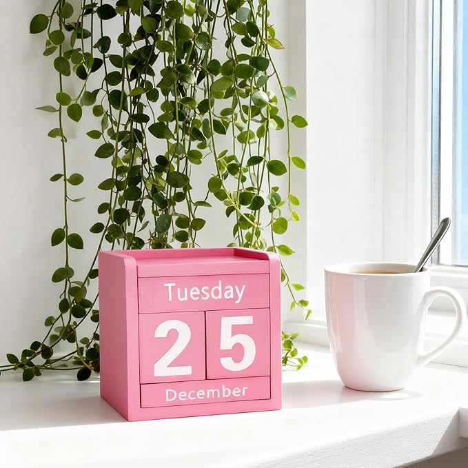 Pink Desk Calendar Wooden Block Perpetual Calendar Cute Pink Office Desktop Accessories for Women Room Bedroom Girls Birthday Party Gift Christmas Home Decor