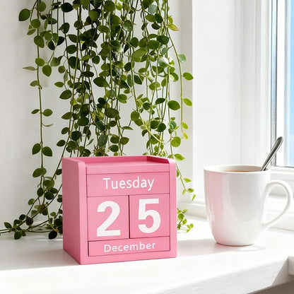 Pink Desk Calendar Wooden Block Perpetual Calendar Cute Pink Office Desktop Accessories for Women Room Bedroom Girls Birthday Party Gift Christmas Home Decor