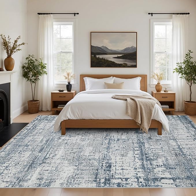 Blue Grey 8x10 Area Rugs,Large Soft Rugs for Living Room, Blue Washable Rug, Modern Abstract Rugs for Bedroom Dining Room, Non-Slip Foldable Thin Indoor Carpet Stain Resistant(Blue Grey)