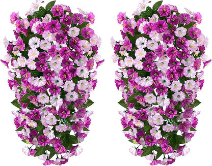 HyeFlora Artificial Fake Hanging Flowers Plants for Outdoor Outside, 2PCS Faux Silk Morning Glory Trailing Vines UV Resistant Look Real for Home Planter Porch Patio (Light Fuchsia+Fuchsia)