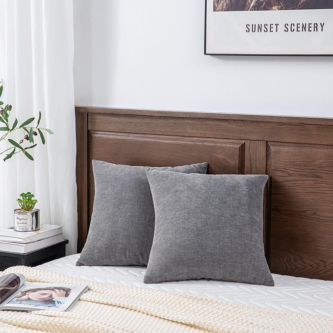 GAWAMAY Decorative Square Throw Pillow Covers 18"x18" Inch Set of 2, Super Soft Chenille Pillows Farmhouse Fall Pillowcase for Living Room Bedroom Sofa Couch Cushion Cover Grey 45x45cm (No Insert)
