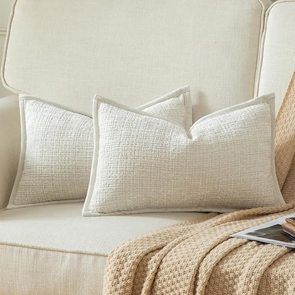 Yaertun Pack of 2 Chenille Textured Decorative Throw Pillow Covers Accent Solid Cushion Cover Soft Cozy Pillow Case with Velvet Back for Couch Sofa Bed Living Room 12x20 Inch Cream White
