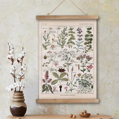 XIAOAIKA Vintage Botanical Herbs Illustration Poster - Retro Medicinal Plant Chart with Wooden Frame - Educational Herbal Reference for Home, Kitchen, or Classroom Decor 12 x 16 Inches