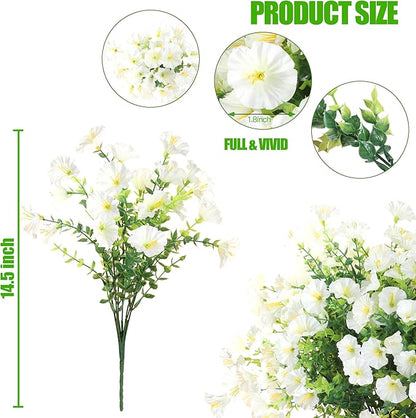Artificial Flowers for Outdoors 12 Bundles Realistic Faux Plants UV Resistant Fake Silk Morning Glory with Eucalyptus for Front Door Planter Patio Porch Outside Spring Summer Decoration (White)
