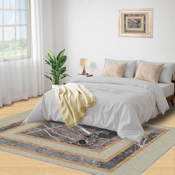 Light Luxury Marble Area Rugs Gilded Stripe Geometry Area Carpet Abstract Marble Texture Rug Stone Crack Carpet for Living Room Study Bedroom 4x6ft