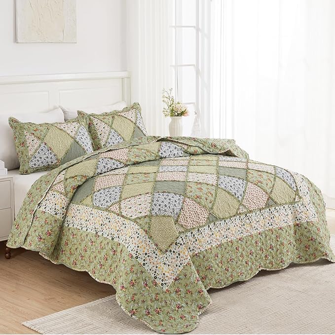 VIVILINEN Full Queen Size Green Patchwork Quilt Set Reversible Quilted Bedspread Coverlet Set 3-Piece Floral Lightweight Comforter Stitched Bedding Set Bed Sheet Set Cover Blanket with 2 Pillow Shams