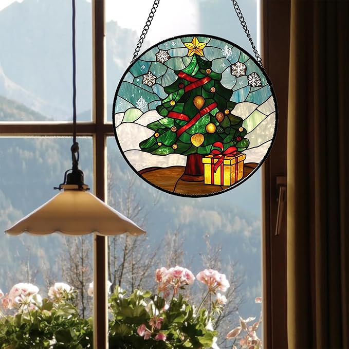 DASTOLL Stained Glass Window Hanging Green Christmas Tree Snowflake Large 11.8" - Suncatcher Door Garden Sun Catcher Xmas Holiday Decor Birthday for Mom Men Woman Friend Nana