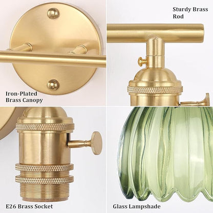 Battery Operated Bathroom Light Fixtures, 2-Light Brass Vanity Wall Light with 5000mAh Rechargeable Bulb Over Mirror with Green Tulip Glass Shade for Bedroom Living Room
