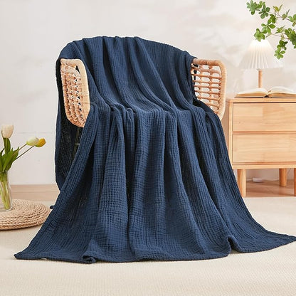 EMME Cotton Muslin King Blanket Big Oversized Bed Layering Bedspread Coverlet Breathable Gauze Soft Lightweight Blankets (Navy, 120"x94")