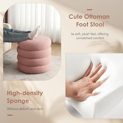 Flouki 20.1" Storage Ottoman Round, Vanity Stools for Bedroom, Entryway Ottoman for Console Table, Ottoman Stool for Girls Women, Foot Stool for Living Room Set of 2, Sherpa Pink
