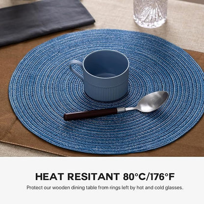 Round Placemats Set of 4 Woven Placemats Washable Braided Table Mats for Dining Table Heat Resistant Non-Slip Circle Place Mats(Mid Blue)