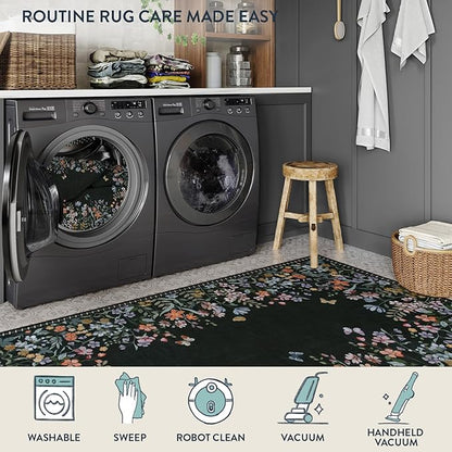 Lahome Boho Floral Black Washable 5x7 Area Rugs for Living Room, Non Slip Rugs for Bedroom, Indoor Throw Dining Room Carpet for Under Table Entryway Kitchen Office(Black,5x7)