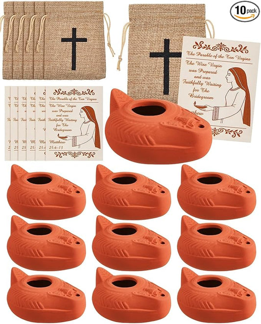 Pinkunn 10 Sets Clay Oil Lamp Herodian Olive Oil Lamp for Indoor Use Terracotta Biblical Lamps Ancient Antique Replica for Israel Judaica/Christian Hanukkah Gift Worship Prayer Religious Artifact