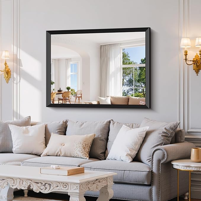 Black Bathroom Mirror 36 x 48 Inch Rectangle Wave Beveled Frame for Wall Bathroom Vanity Mirror for Over Sink, Tempered Glass,for Entryway Hangs, Bathroom Living Room Horizontal or Vertical