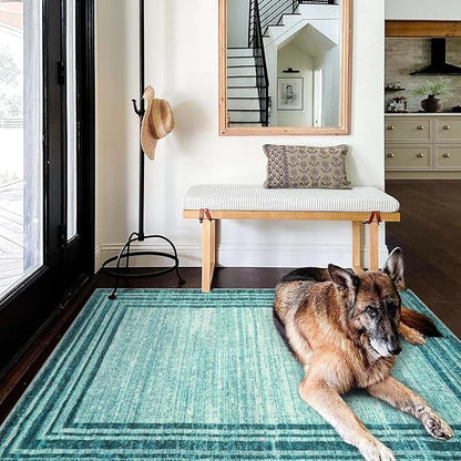 Lahome Modern Abstract Area Rug, Washable Teal 3x5 Kitchen Rugs Non Slip Large Entryway Rug Indoor, Low-Pile Soft Bathroom Mat Minimalist Throw Rug for Bedroom Living Room Stain Resistance