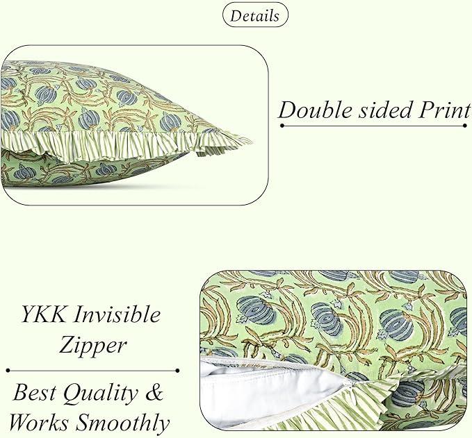 Ridhi Apple Green Floral Modern Farmhouse Pillow 18x18 Block Print Cotton Throw Pillow Covers Set of 2 Cushion Covers with Ruffle Couch Sofa Bed Living Room Home Decor for Christmas,Thanksgiving