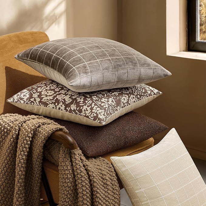 MIULEE Decorative Chenille Check Lumbar Throw Pillow Covers Vintage Plaid Couch Pillows 12x20 Inch Set of 2 Neutral Boho Farmhouse Cushion Covers Spring Decor for Sofa Bed Living Room Taupe Grey