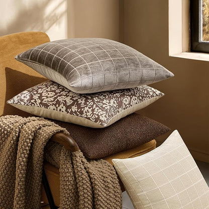 MIULEE Decorative Chenille Check Lumbar Throw Pillow Covers Vintage Plaid Couch Pillows 12x20 Inch Set of 2 Neutral Boho Farmhouse Cushion Covers Spring Decor for Sofa Bed Living Room Taupe Grey