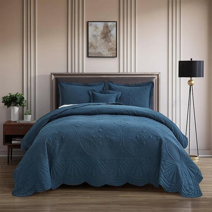 Oversized Bedspread - King Size Bedding Cover - Modern & Contemporary Coverlet Set, Real Stitching, Reversible, Lightweight, 5 Piece, Navy