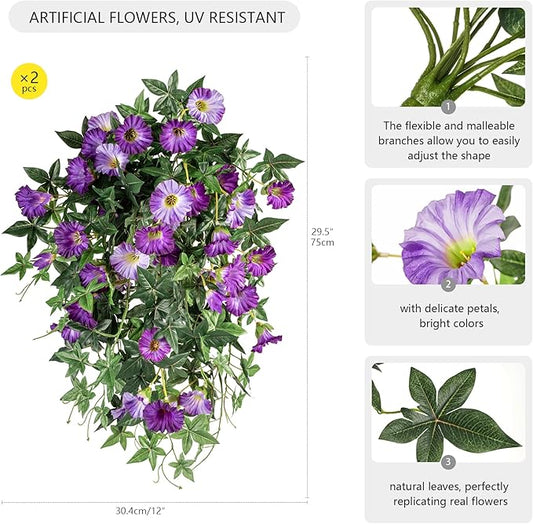 Artificial Flowers Artificial Petunias for Outdoors 2PCS Artificial Hanging Plants Outdoor Silk Flowers with Stems Outdoor Flowers Uv Resistant for Porch Decor Terrace Decor（Purple）Without Pot