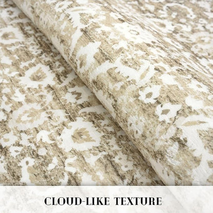 Vintage Floral 2x7 Runner Rug, Beige Tan White Washable Kitchen Runner Rug Non-Slip Hallway Rug Runner Super Soft Thin Printed Faux Wool Carpet for Entryway Bedroom Laundry Room Indoor