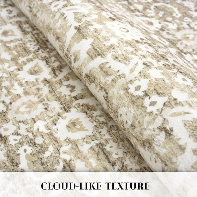 Hallway Runner Rug, Beige Tan White Washable Runner Rug 2x8 Vintage Floral Neutral Kitchen Rug Runner Non Slip Thin Printed Faux Wool Super Soft Carpet for Entryway Bedroom Laundry Room Indoor